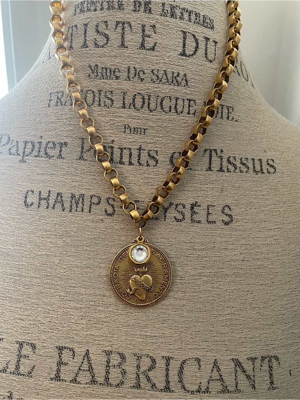 Gold Sacred Heart Medallion Necklace with Crystal Charm - Picture 2 of 3
